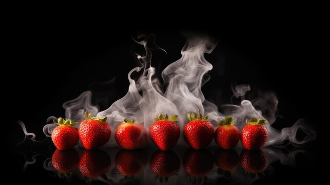 The strawberry is on fog . Red strawberry on black. A strawberri with fog 