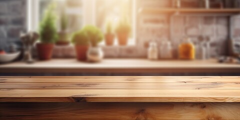 Blurred kitchen with empty wooden table