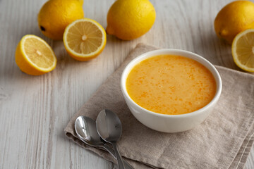 Homemade Organic Lemon Curd in a Bowl, side view.