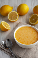 Homemade Organic Lemon Curd in a Bowl, side view.