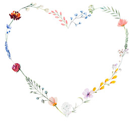 Heart made with watercolor summer wild flowers and leaves, Colorful wedding illustration