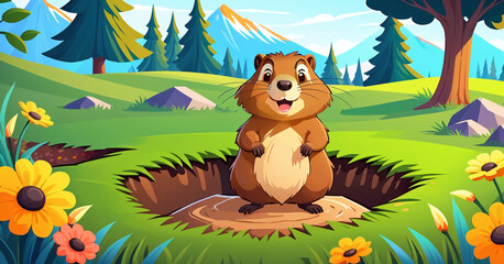 Obraz premium Happy Groundhog Day. А cheerful brown gopher emerging from its burrow. The scene is set in a lush green landscape with blooming orange flowers and a scenic mountain backdrop.