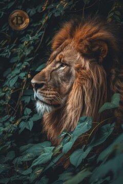 Southwest African lion in the bush. Bitcoin sign.