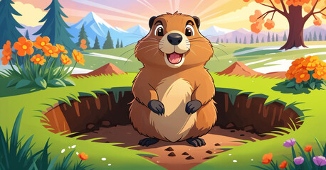 Happy Groundhog Day. А cheerful brown gopher emerging from its burrow. The scene is set in a lush green landscape with blooming orange flowers and a scenic mountain backdrop.