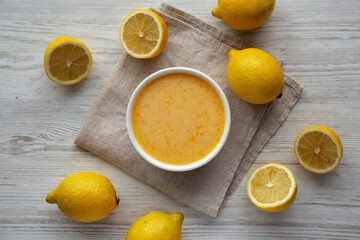 Homemade Organic Lemon Curd in a Bowl, top view.