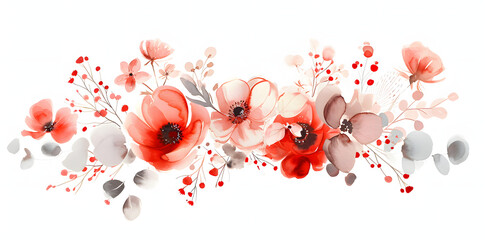 Delicate and artistic floral watercolor design featuring red and pink poppies with accents of gray leaves and red berries