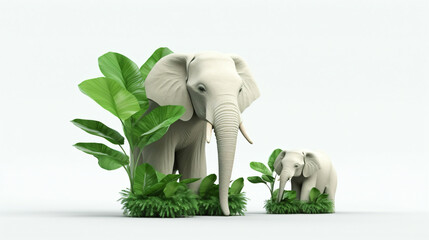 3d render two elephants big and small green plant