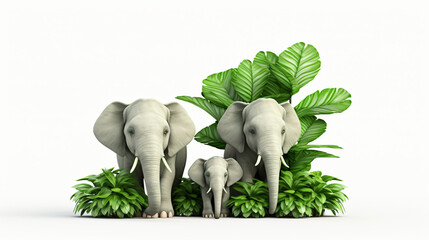 3d render two elephants big and small green plant