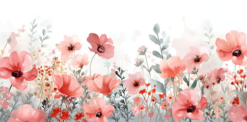 Tranquil watercolor artwork portraying a peaceful meadow with gentle red poppies and assorted wildflowers, creating a soft palette for artistic backgrounds or nature-inspired designs