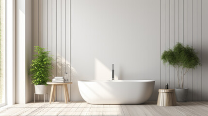 Modern bathroom with vertical lines and greenery. Clean aesthetic and nature-inspired design Generative AI