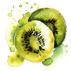 Watercolor artwork of a ripe kiwi fruit slice with bursts of green and black, summery essence and artistic appeal of the refreshing treat on a clean white backdrop
