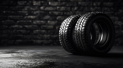 Car tires close-up with detailed tread texture on a dark background. Durability concept. Generative AI - obrazy, fototapety, plakaty