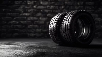 Fotobehang Car tires close-up with detailed tread texture on a dark background. Durability concept. Generative AI © ImageFlow