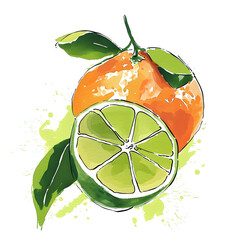 Lively watercolor illustration of a fresh mandarin with a burst of orange, surrounded by vibrant colors and lush green foliage on a white backdrop
