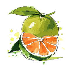 Lively watercolor illustration of a fresh mandarin with a burst of orange, surrounded by vibrant colors and lush green foliage on a white backdrop