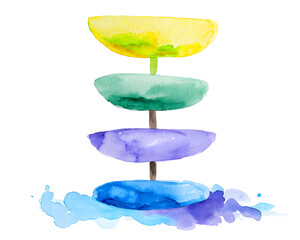 Watercolor painting of balanced stones in yellow, green, blue, and purple shades, symbolizing peace and serenity, with a splash on a white backdrop