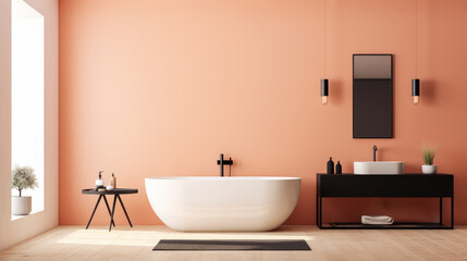 Fototapeta na wymiar Chic bathroom with peach walls, freestanding tub, and black accents. Modern living concept. Generative AI
