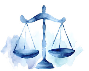 Watercolor painting of balance scales representing justice, equilibrium, and law, in shades of blue on a textured white background, perfect for legal concepts and decoration