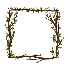 Tree frame, floral square border. Plant and twig decoration isolated on white background. Black outline silhouette. Decorative vintage scary element with leaf. Dark forest concept.