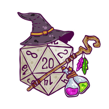 Dice for playing DnD. Tabletop role-playing game Dungeon and dragons with d20. Magical role of sorcerer with witch hat.