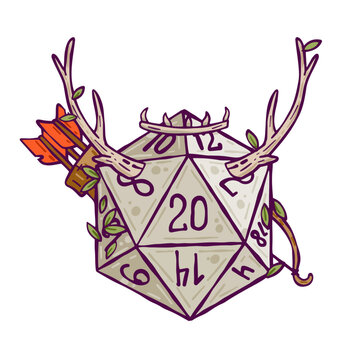 Dice for playing DnD. Druid character. Tabletop role-playing game Dungeon and dragons with horned d20. Magical role of ranger