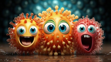 Cartoon characters cute, funny evil viruses, whimsical and infectious, creative and humorous animation of infectious microorganisms in comical and imaginative scenarios.