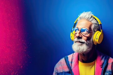 Portrait of a senior man with headphones listening to music on a blue background. Music Streaming Service Concept with Copy Space.