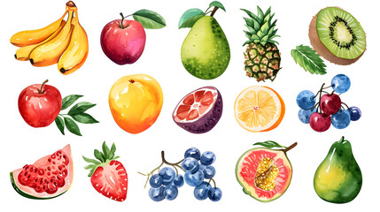A collection of fruits including apples, oranges, bananas, and kiwis. The fruits are painted in watercolor and arranged in a row