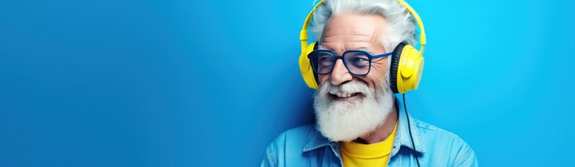 elderly man in headphones listening music on blue background, panoramic shot. Music Streaming Service Concept with Copy Space.
