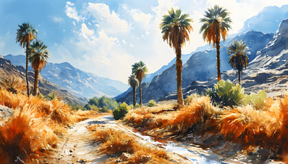 Capturing the serenity of a desert oasis: watercolor painting with palm trees, a small building, and mountainous terrain, highlighting the play of light and shadow
