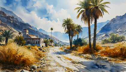 Capturing the serenity of a desert oasis: watercolor painting with palm trees, a small building, and mountainous terrain, highlighting the play of light and shadow