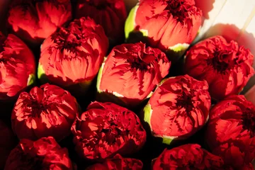 Tafelkleed Fantastic red peonies next to dissected leaves. Rhododendron (azaleas) flowers are visible in the distance. garden path © Andrei