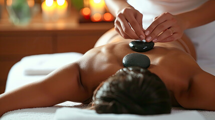 Close-up view of a young woman experiencing hot stone massage therapy in a tranquil spa setting
