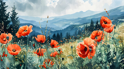 Poppy Mountain Landscape: Bright Red Poppies Amidst Rolling Hills, wild poppies flourishing in a scenic mountain meadow