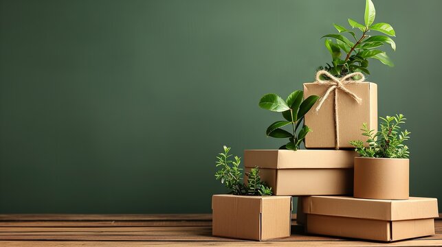 Interior of an empty room with boxes containing personal items and potted plants on a wooden surface, a concept of eco friendly packaging materials, Generative AI.
