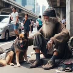 A homeless old man sits on the pavement in a city street next to a dog