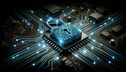 Futuristic digital padlock representing cybersecurity on an illuminated circuit board, symbolizing data protection and encryption. - obrazy, fototapety, plakaty
