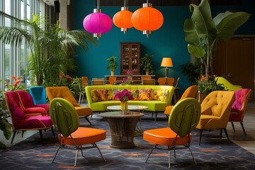 Colorful 1950s-style lounge adorned with furnishings and greenery. Generative AI