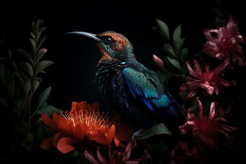 vibrant bird perched atop flower, surrounded by flower stems, against dark backdrop. Generative AI