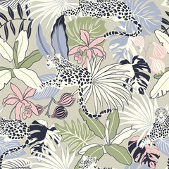 animalistic seamless vector pattern with leopards in the tropics