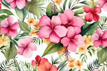 Fototapete Rund Tropical flowers pattern with leaves © Aida