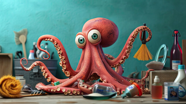Octopus cleaner,3d like illustration, cleaning service character