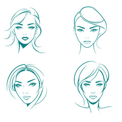 set of  girl face art, woman portrait line art illustration 