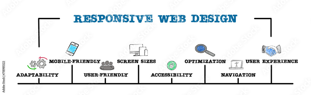 Wall mural responsive web design concept. illustration with keywords and icons. horizontal web banner