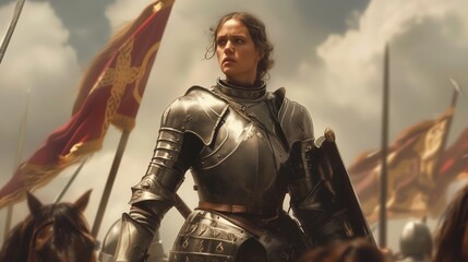 Female Knight in Armor, a Fearless Warrior Leading the Charge in a Medieval Battle - obrazy, fototapety, plakaty