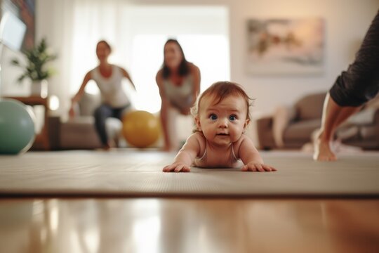 baby doing tummy time on a kid gym mat with mothers doing exercise. Postpartum, pregnancy recovery and newborn concept.
