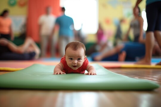 Cute baby boy doing tummy time on the play mat looking at the camera. Learning, nursery, motor skills and child game at kindergarten.