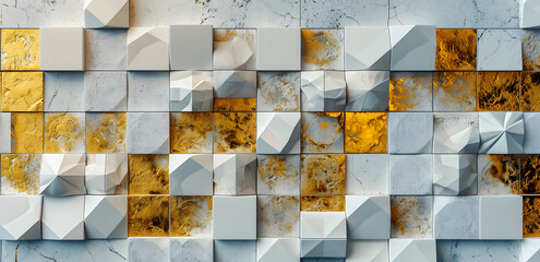 3d geometric pattern wall with marble textures and gold accents, ideal for modern and luxurious design backdrops or wallpaper
