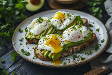 Avocado toast with poached eggs. Healthy breakfast. Generative AI