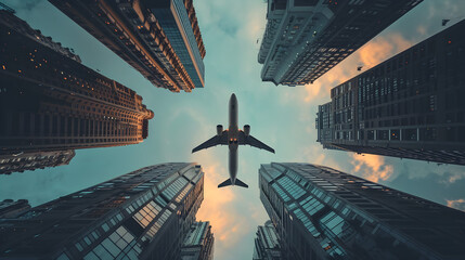 Silhouette of a jet plane flying low over different kind of architecture with commercial office buildings, bottom view of a plane flying in the sky over skyscrapers, Generative Ai